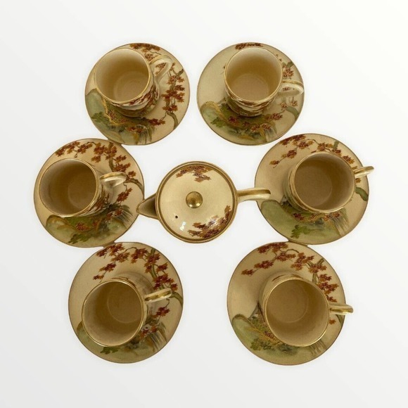 Vintage Koshida Japan 14 Piece Tea Set‎ Autumn Leaves Scene Teapot Cups Saucers - Picture 2 of 12